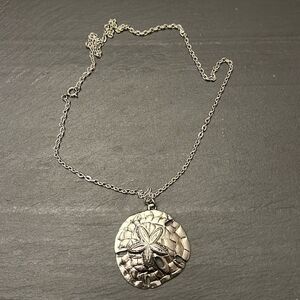 Vintage Sand Dollar Pendant Necklace Silver Tone on 24 inch chain
